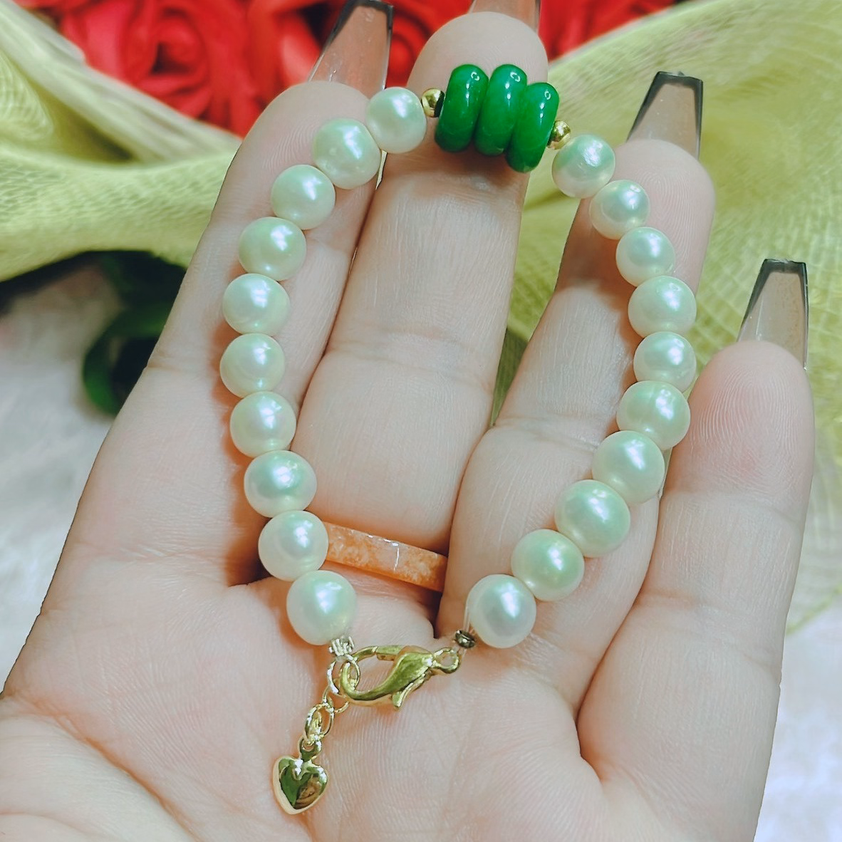 Vòng Tay Ngọc Trai 8 Ly Thiên Nhiên Phối Tam Điếu Ngọc Cẩm Thạch - Thắng Giang - Ảnh 2