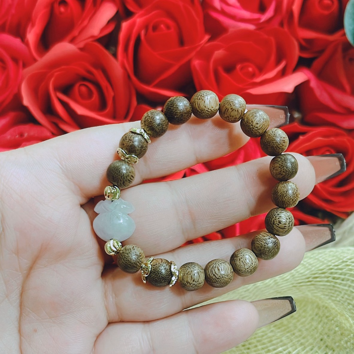 Vòng Tay Trầm Hương Tốc Phối Túi Tiền Cẩm Thạch Trắng Thiên Nhiên - Thắng Giang - Ảnh 3