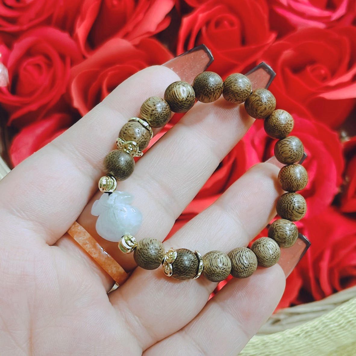 Vòng Tay Trầm Hương Tốc Phối Túi Tiền Cẩm Thạch Trắng Thiên Nhiên - Thắng Giang