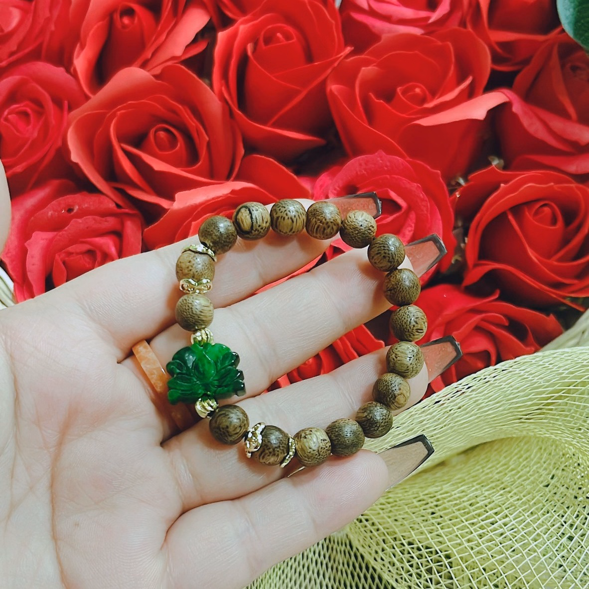 Vòng Tay Trầm Hương Tốc Phối Sen Ngọc Cẩm Thạch Sơn Thủy Thiên Nhiên - Thắng Giang