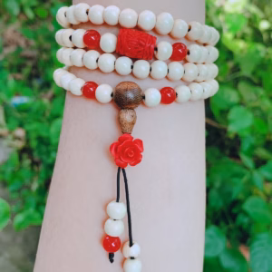 Vòng Tay Dâu Tằm Thiên Nhiên Phối Lu Thống Hoa Mẫu Đơn Chu Sa - Thắng Giang