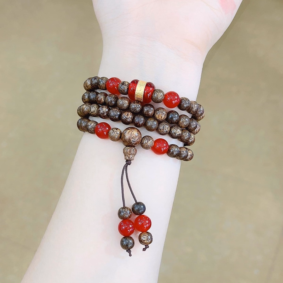 Vòng Tay Trầm Hương Tốc Thiên Nhiên 108 Hạt Phối Lu Thống Giác Vàng 24Kara - Thắng Giang - Ảnh 8