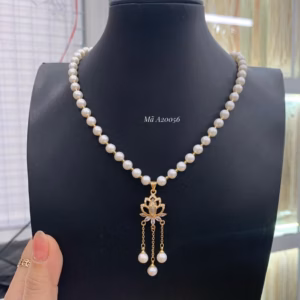 Vòng Cổ Ngọc Trai Nuôi Thiên Nhiên 6 Ly Phối Hoa Sen Xi Vàng - Thắng Giang