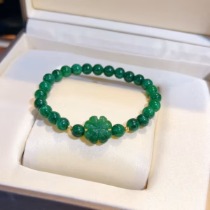 Vòng Tay Cỏ Bốn Lá Ngọc Cẩm Thạch Sơn Thủy Thiên Nhiên Phối Bi Vàng Tây 10 Kara Có Thẻ Hóa Đơn - Thắng Giang