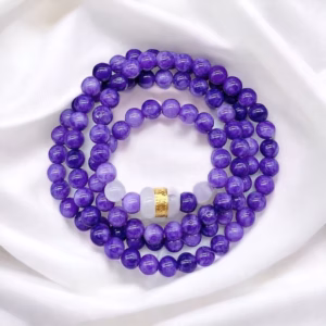 Vòng Tay Thạch Anh Tím 108 Hạt - 6 Ly Phối Lu Ngọc Giác Vàng 24K - Freesize