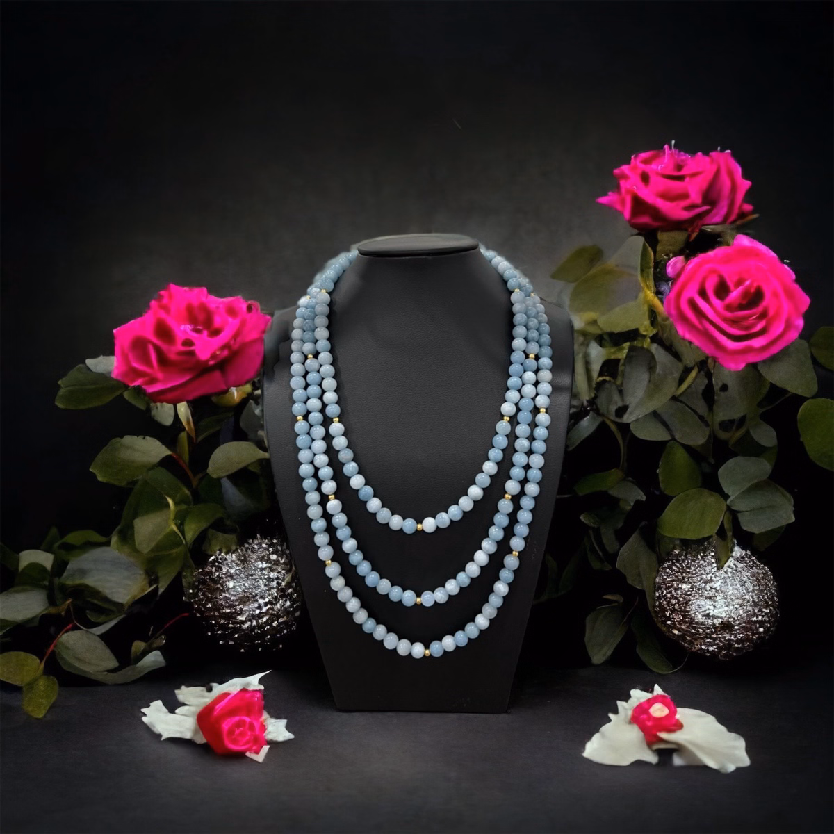 Chuỗi Vòng Cổ Đá Thạch Anh Màu Aquamarine Ba Tầng Hầu Dâng - Thắng Giang