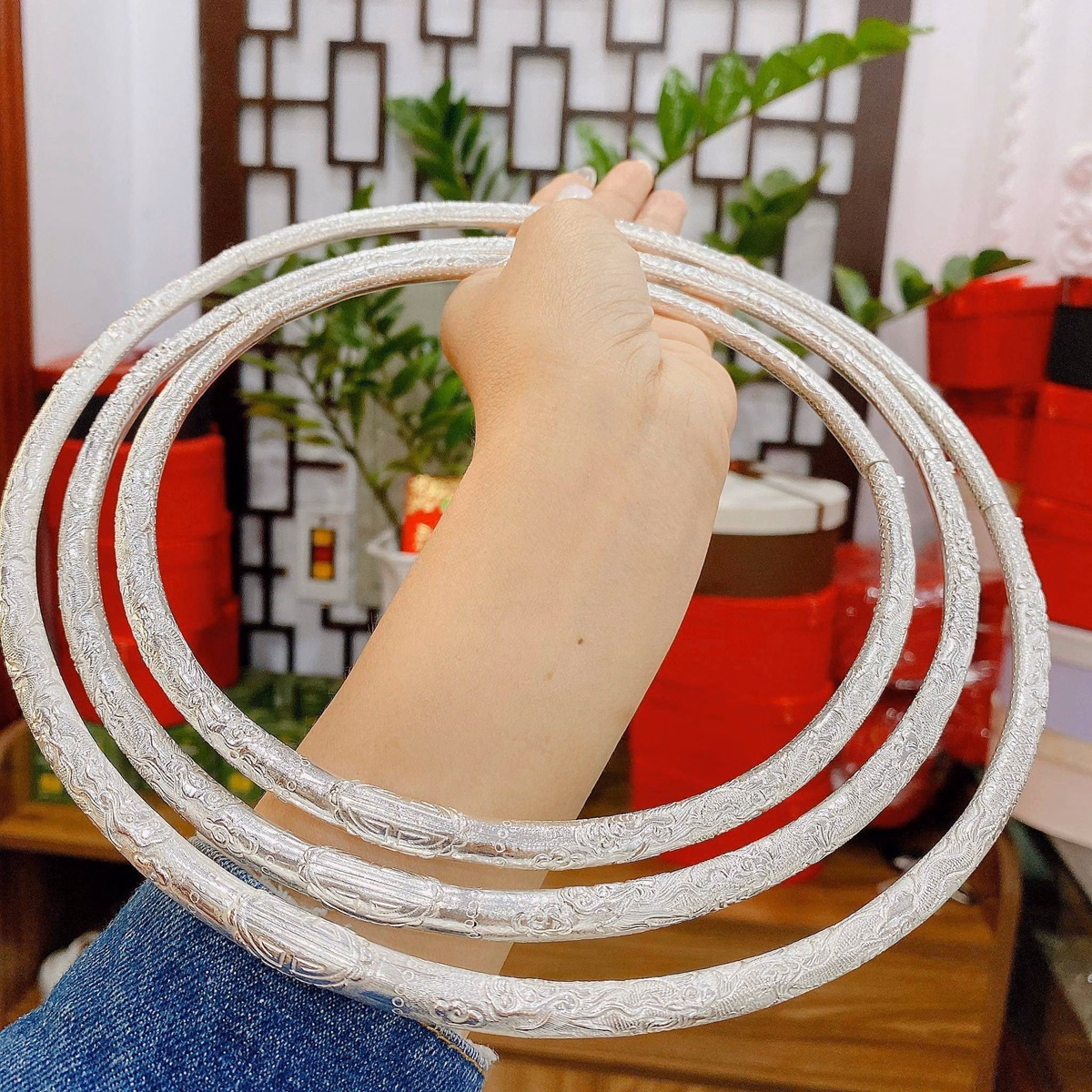 Kiềng Bạc Ta Ba Tầng Nguyên Chất Trạm Rồng Phượng Có Thẻ Hóa Đơn - Thắng Giang