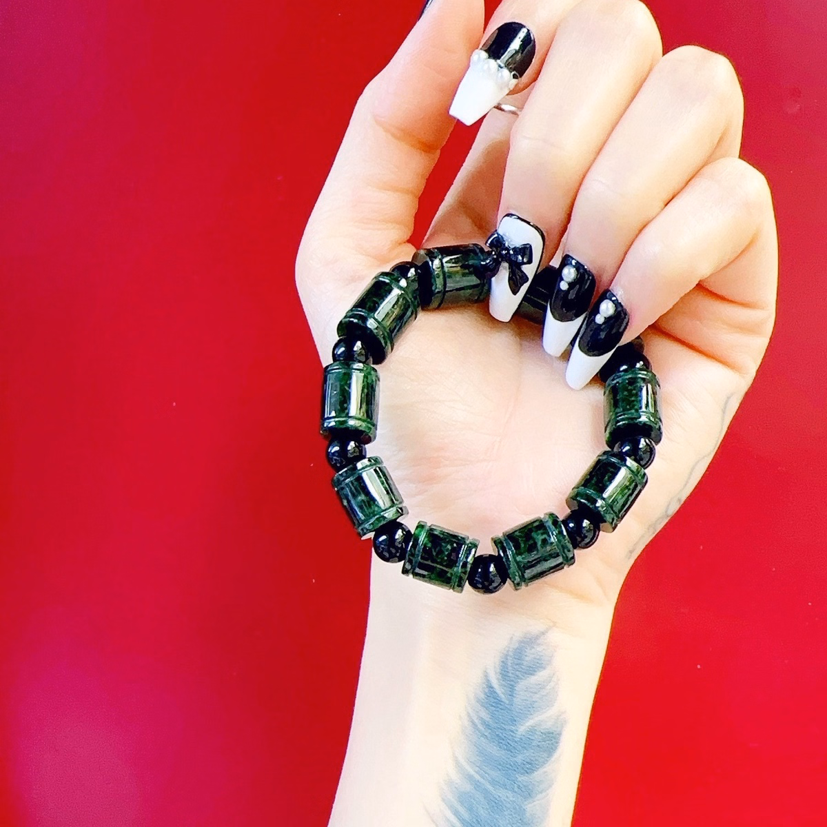 Vòng Tay Nam Lu Thống Ngọc Cẩm Thạch Đốt Trúc Phối Hạt Thạch Anh Đen - Thắng Giang