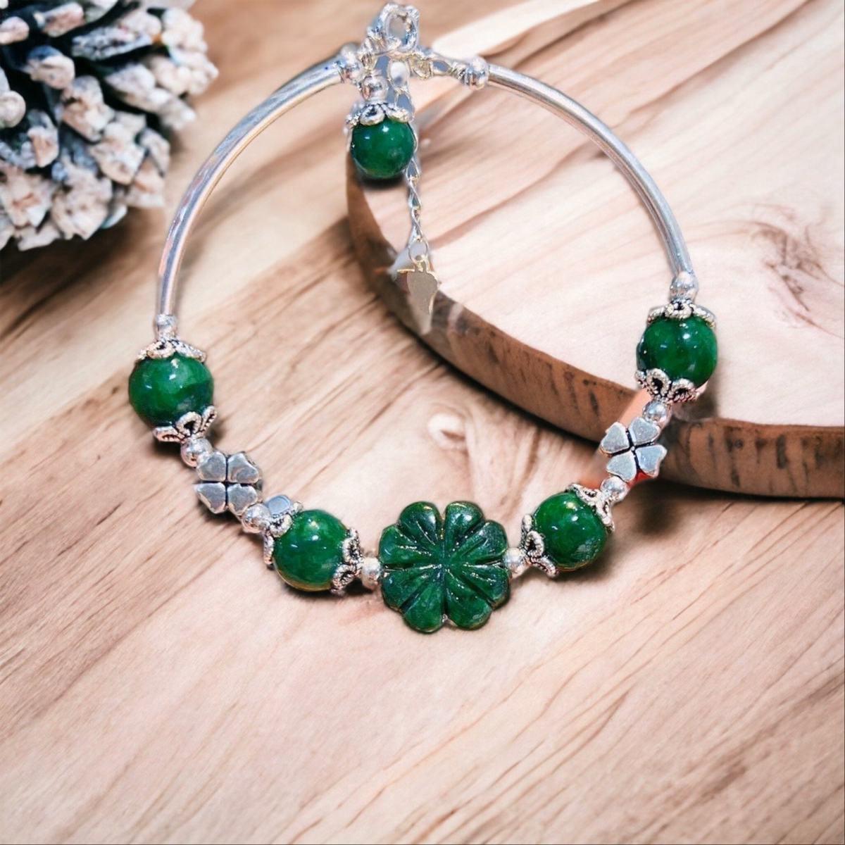 Vòng Tay Charm Bạc Ta Phối Cỏ Bốn Lá Ngọc Cẩm Thạch Sơn Thủy Thiên Nhiên - Thắng Giang