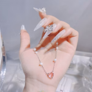 Dây Chuyền Ngọc Trai Nuôi Phối Bạc Ta Mặt Tim Hồng - Thắng Giang