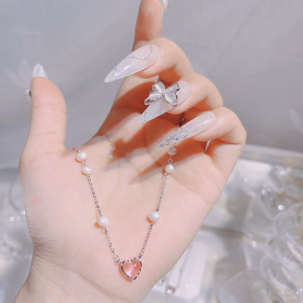 Dây Chuyền Ngọc Trai Nuôi Phối Bạc Ta Mặt Tim Hồng - Thắng Giang - Ảnh 2