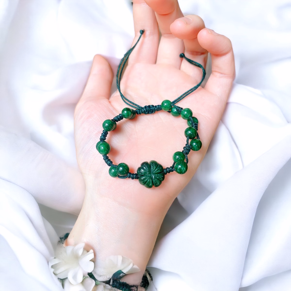 Vòng Tay Cỏ Bốn Lá Ngọc Cẩm Thạch Thiên Nhiên Tết Dây Xanh - Thắng Giang