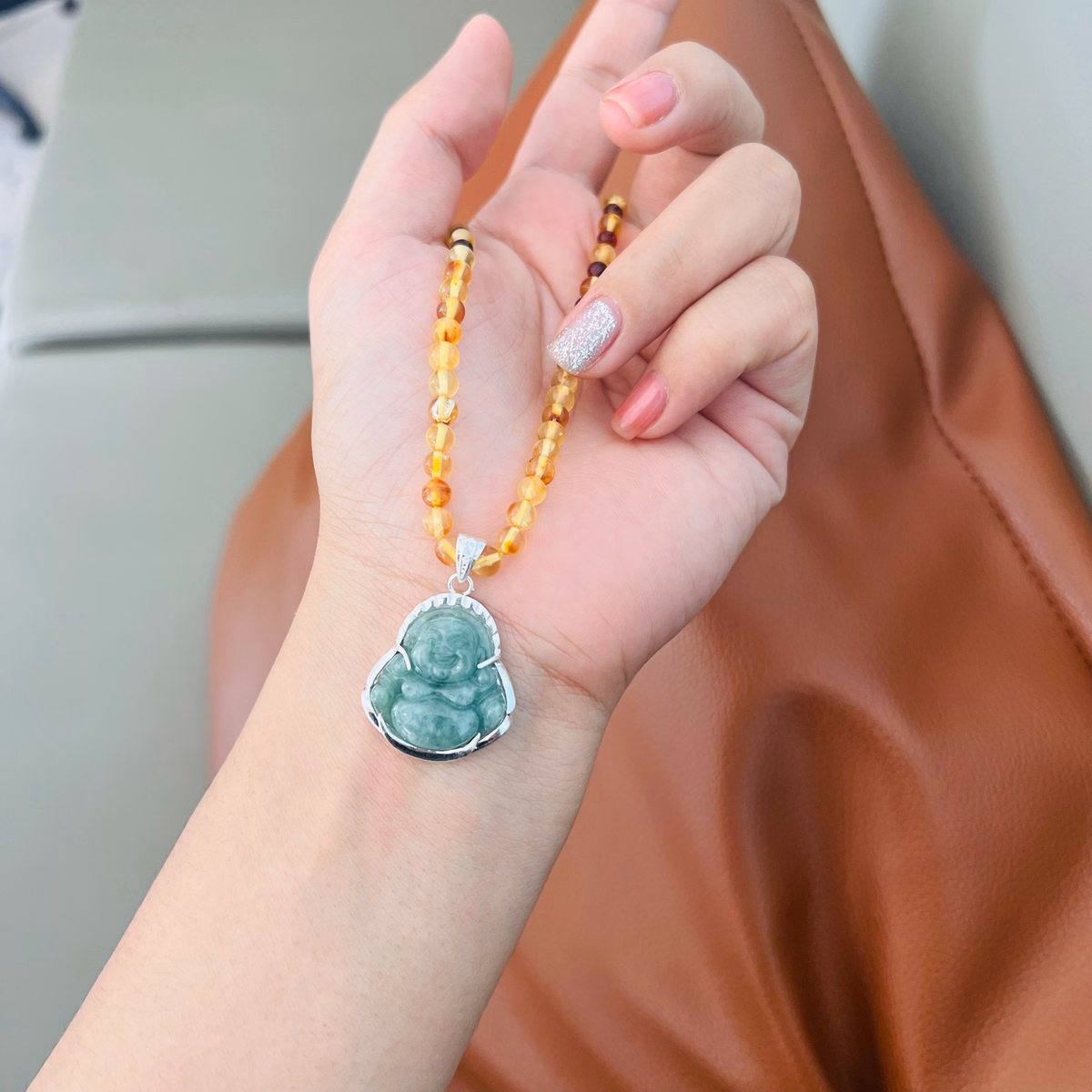 Vòng Cổ Hổ Phách Phối Phật Di Lặc Ngọc Cẩm Thạch - Thắng Giang - Ảnh 4