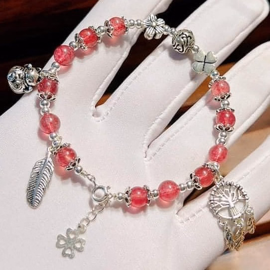 Vòng Tay Thạch Anh Dâu Tây Phối Charm Bạc Ta Cao Cấp - Thắng Giang