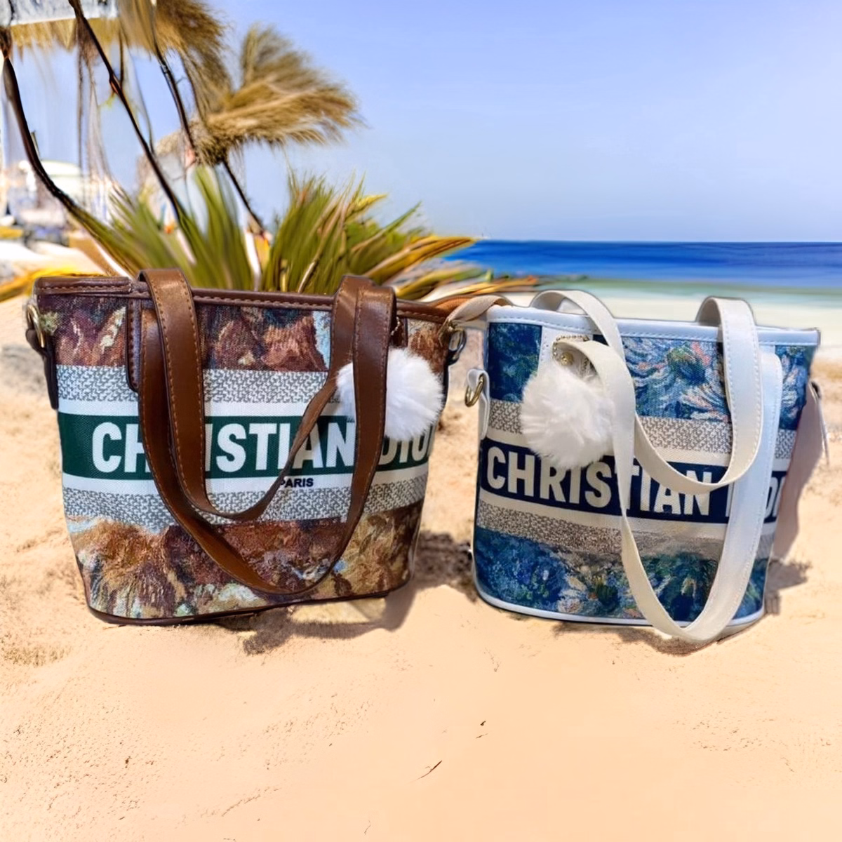 Túi Đeo Vai Dior Kèm Quả Bông Xinh Xắn Đi Chơi, Đi Biển Pp20 - Pipi Store