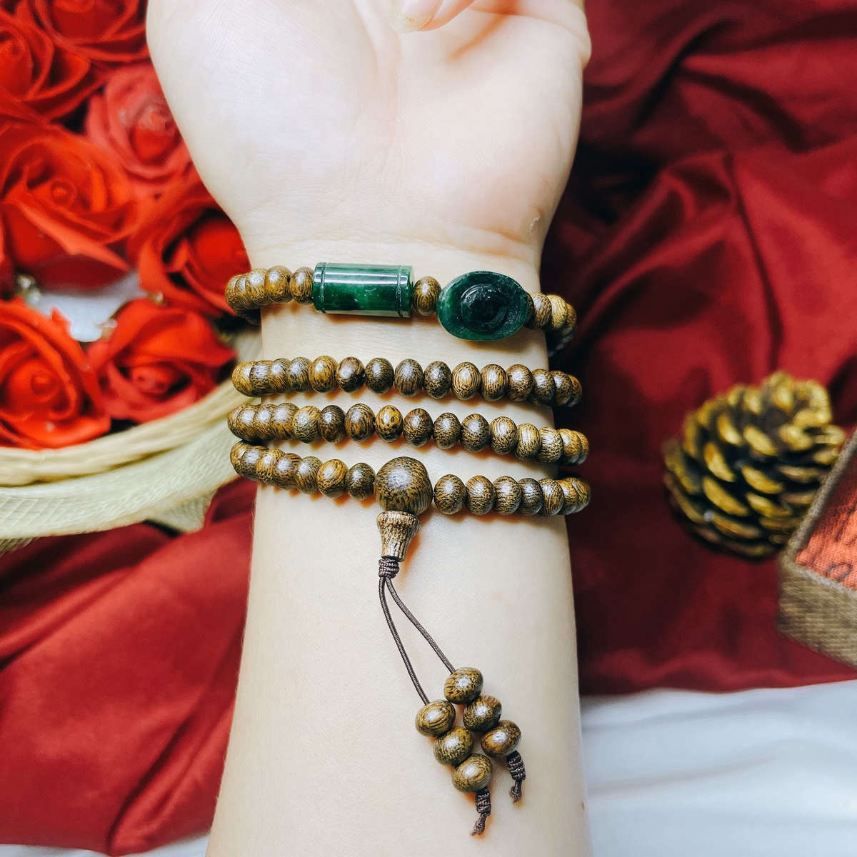 Vòng Tay Trầm Hương Tốc Dẹt Phối Lu Thống Ngân Lượng Cẩm Thạch Thiên Nhiên - Thắng Giang - Ảnh 3