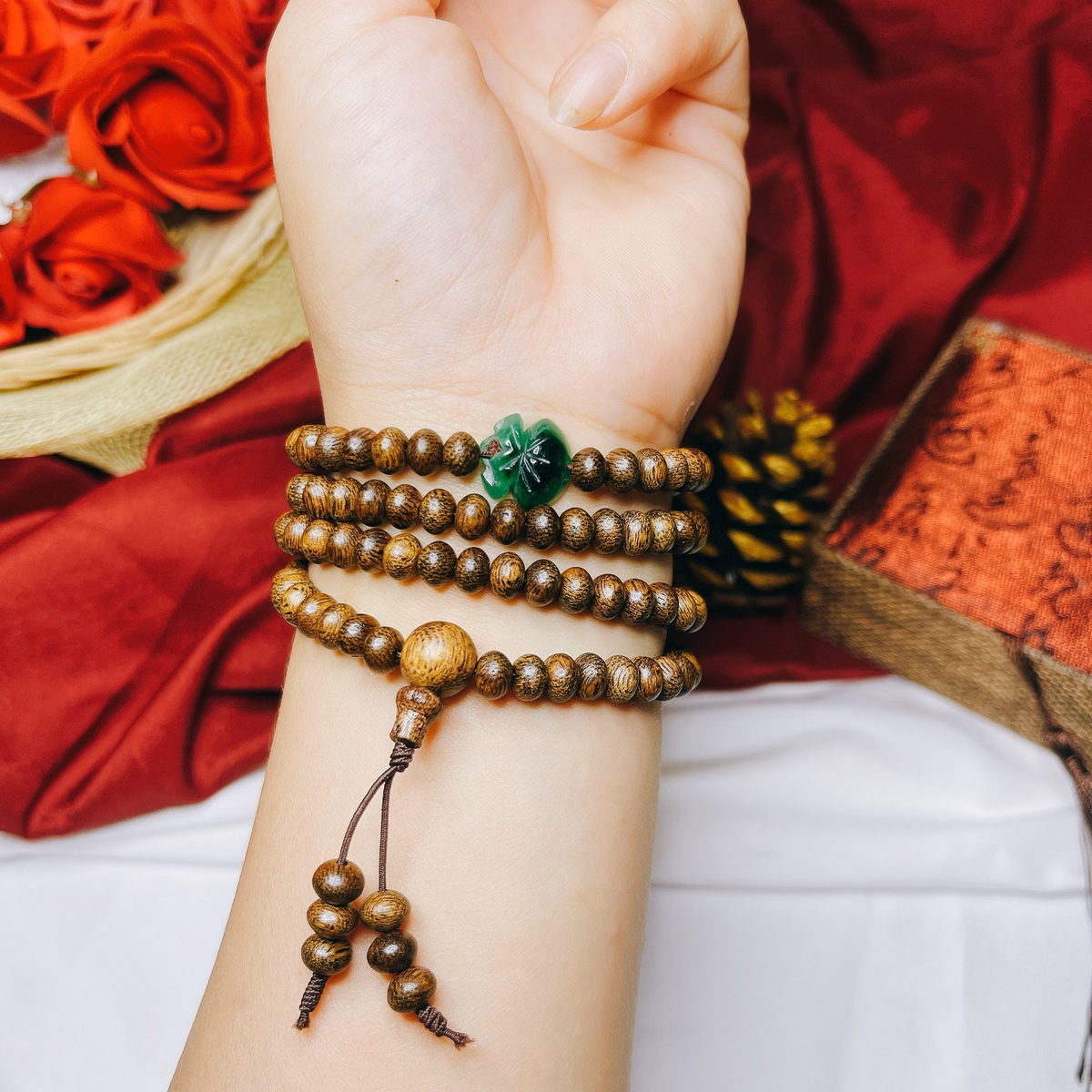 Vòng Tay Trầm Hương Tốc Dẹt Phối Túi Tiền Cẩm Thạch Thiên Nhiên - Thắng Giang - Ảnh 2