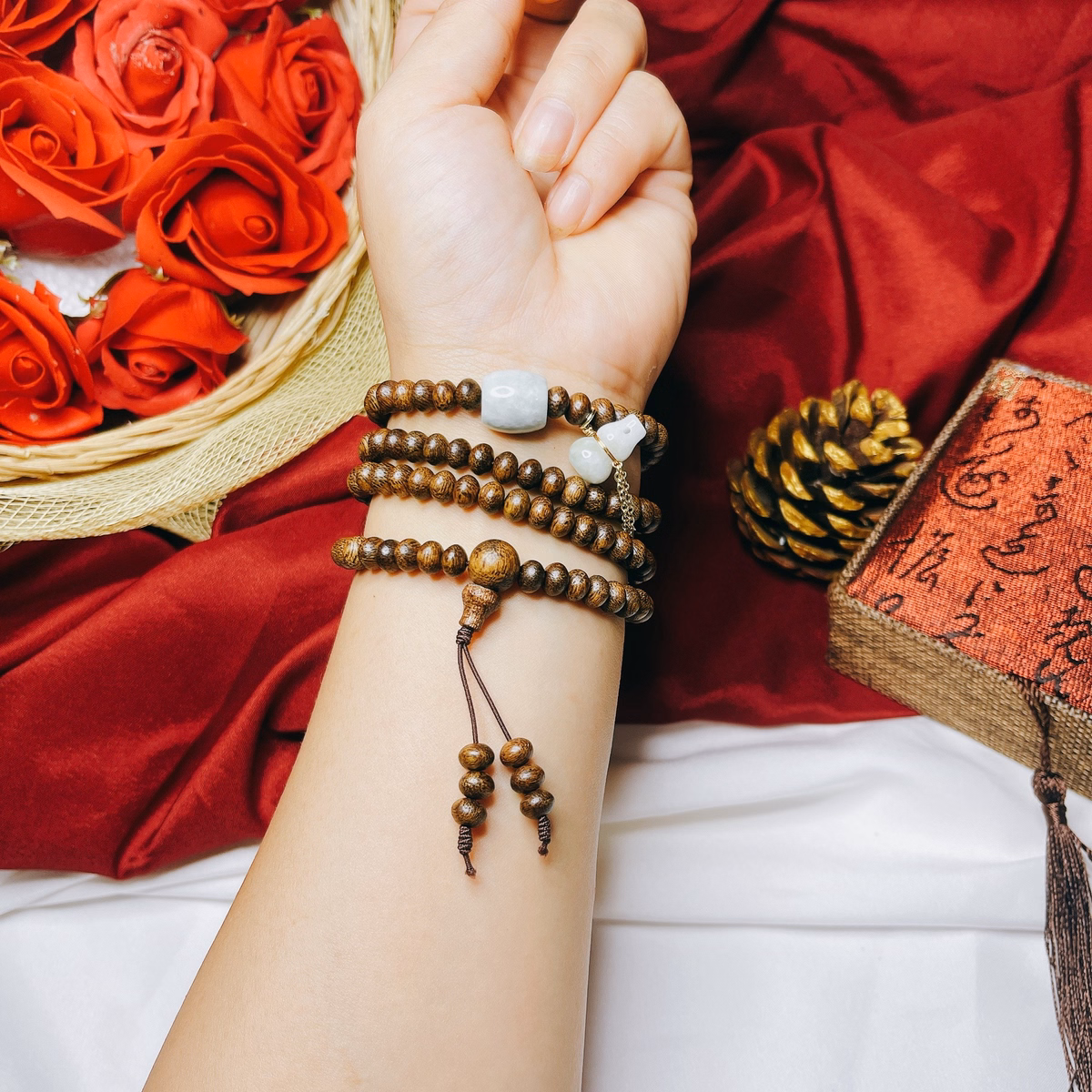 Vòng Tay Trầm Hương Tốc Dẹt Phối Hồ Ly Lu Thống Ngọc Cẩm Thạch Tuýp A - Thắng Giang - Ảnh 2