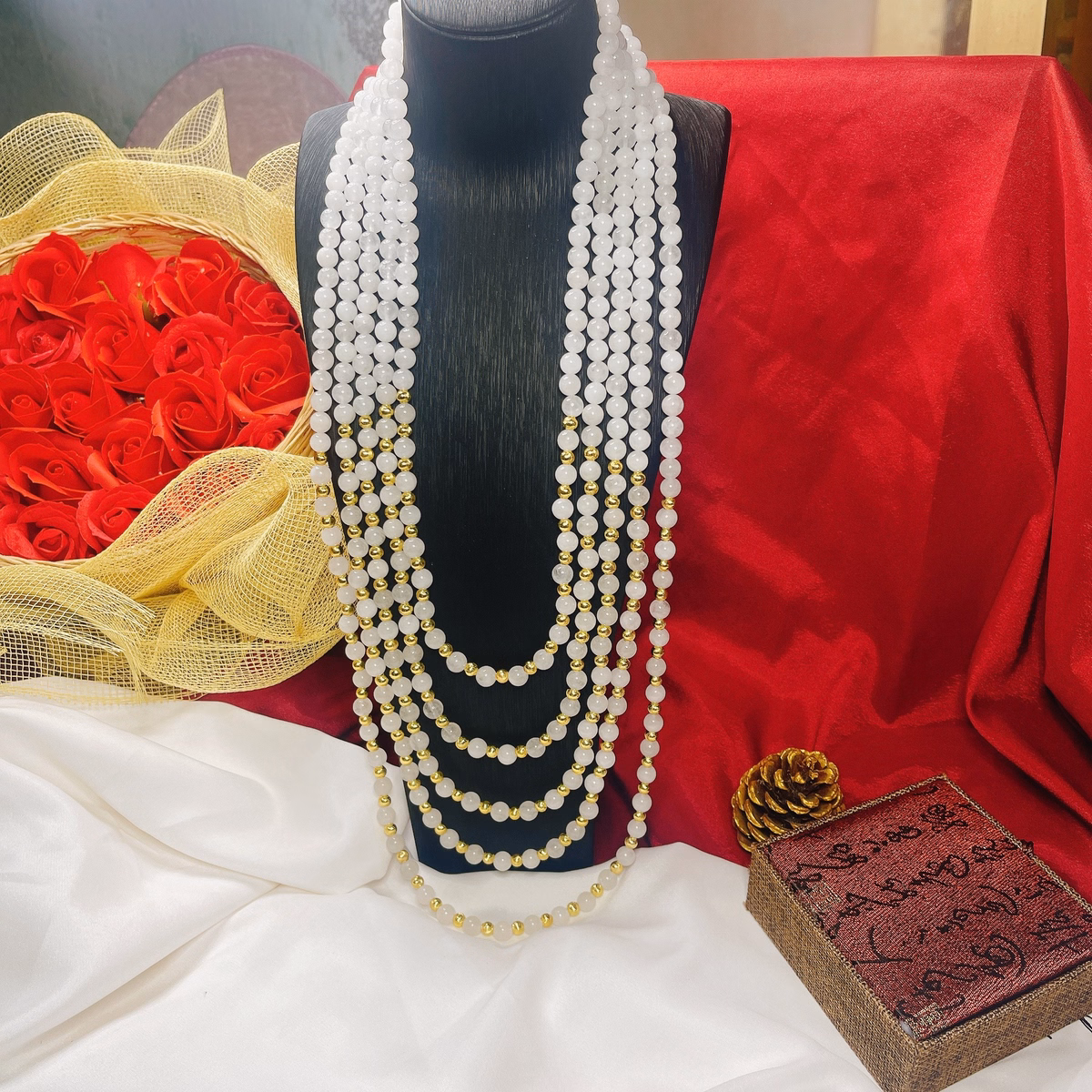 Chuỗi Vòng Cổ Năm Tầng Thạch Anh Trắng Thiên Nhiên Phối Bi Xi Vàng - Thắng Giang - Ảnh 3