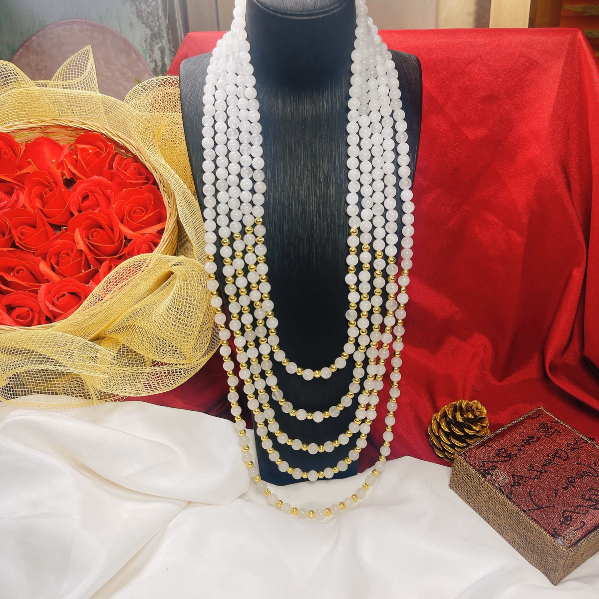 Chuỗi Vòng Cổ Năm Tầng Thạch Anh Trắng Thiên Nhiên Phối Bi Xi Vàng - Thắng Giang - Ảnh 2