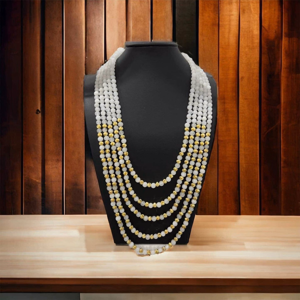 Chuỗi Vòng Cổ Năm Tầng Thạch Anh Trắng Thiên Nhiên Phối Bi Xi Vàng - Thắng Giang