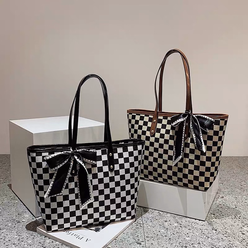 Túi Xách Tote Nữ Công Sở Họa Tiết Kẻ Đi Làm Phong Cách Alzzang Cỡ Lơn Kèm Nơ Xinh Đi Chơi 212 - Larita Fashion - Ảnh 2