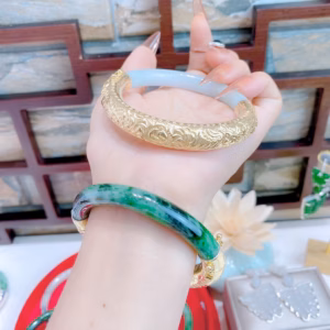 [ 1 Cái ] Vòng Tay Ngọc Cẩm Thạch Thiên Nhiên Bọc Bạc Ta Xi Vàng - Thắng Giang