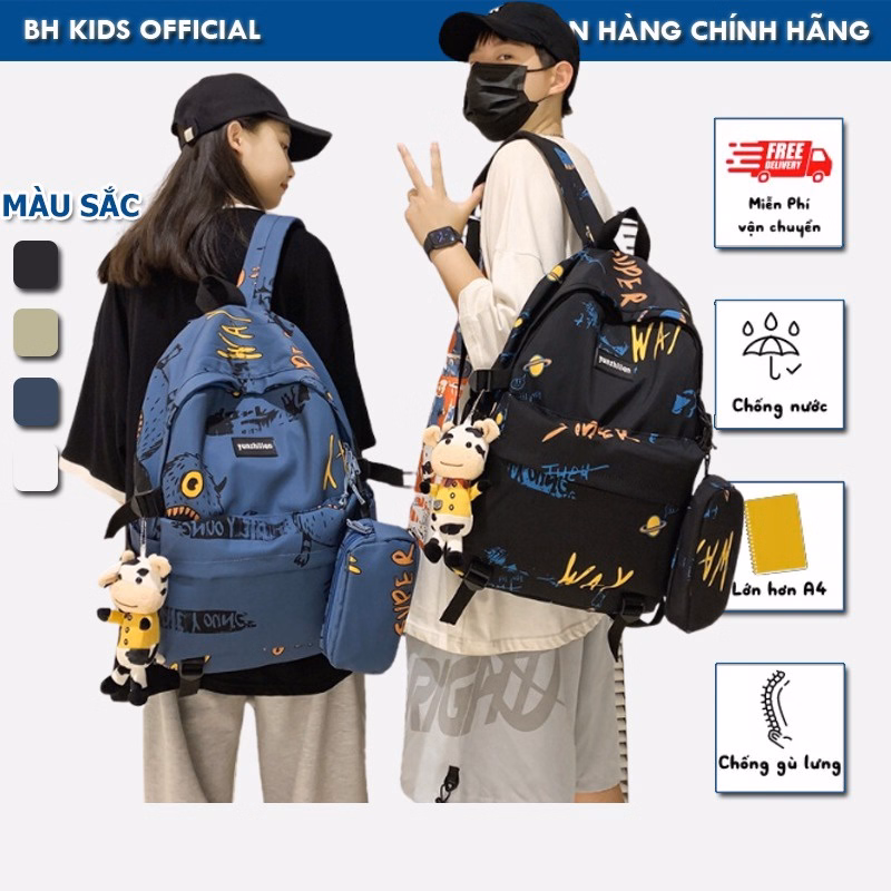 Combo Hộp Bút + Balo Đi Học Bh Kids Phong Cách Đường Phố Junior Hàn Quốc, Ngăn Chứa Rộng, Chống Nước, Chống Sốc Ch109- Bh Kids