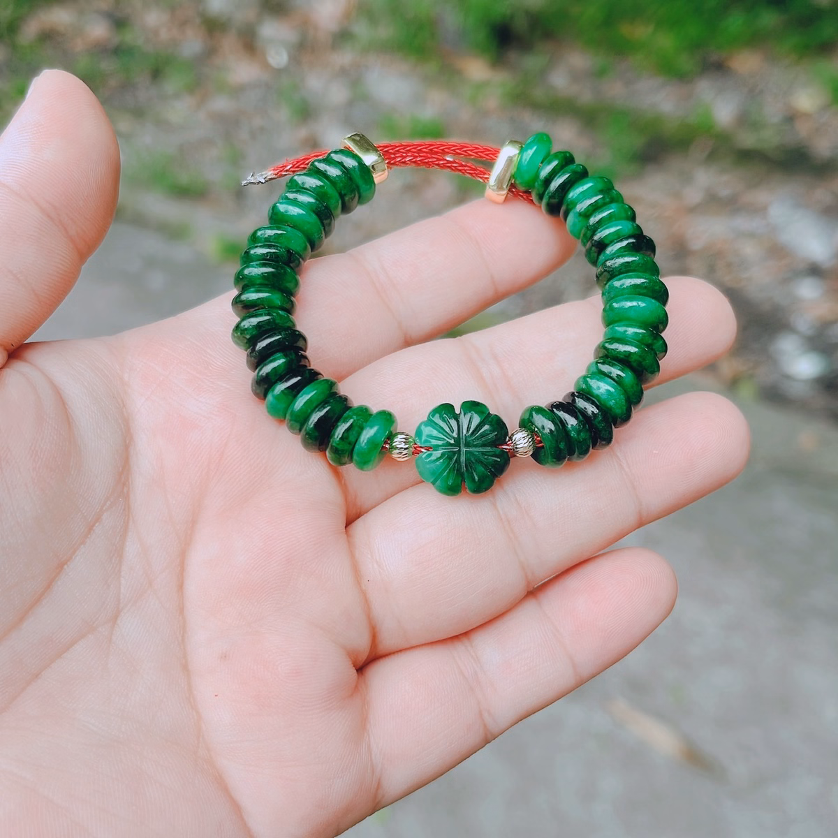 Vòng Tay Cỏ Bốn Lá Cẩm Thạch Sơn Thủy Thiên Nhiên Bi Vàng Tây 10 Kara - Thắng Giang - Ảnh 4