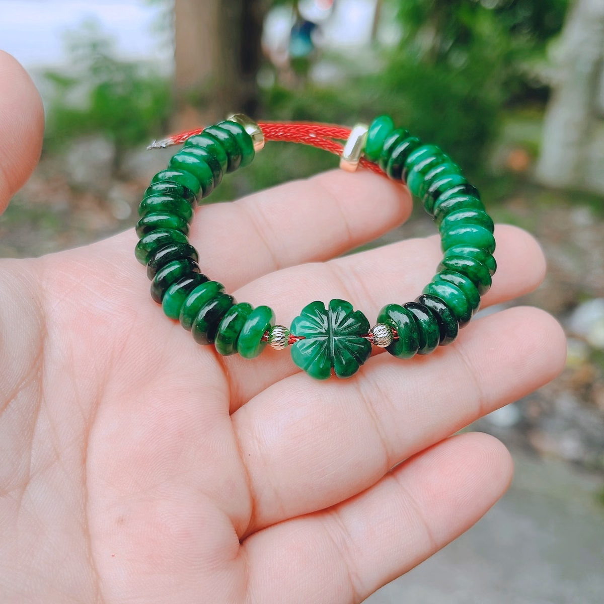 Vòng Tay Cỏ Bốn Lá Cẩm Thạch Sơn Thủy Thiên Nhiên Bi Vàng Tây 10 Kara - Thắng Giang - Ảnh 5