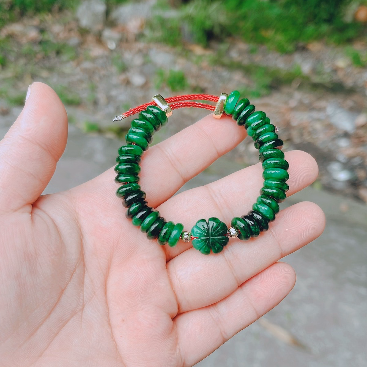 Vòng Tay Cỏ Bốn Lá Cẩm Thạch Sơn Thủy Thiên Nhiên Bi Vàng Tây 10 Kara - Thắng Giang - Ảnh 6