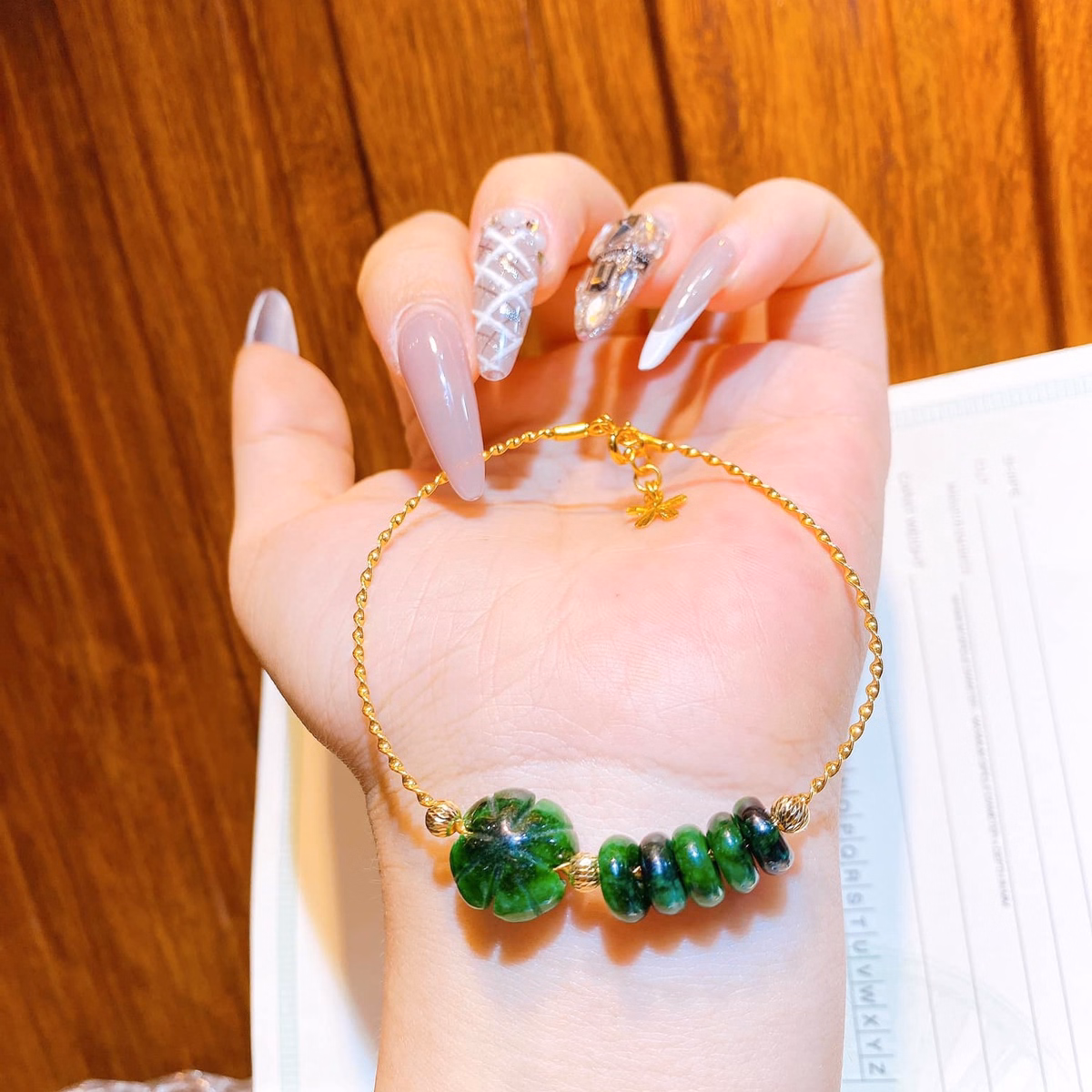 Vòng Tay Bạc Ta Gắn Cỏ Bốn Lá Ngũ Điếu Ngọc Cẩm Thạch Sơn Thủy Thiên Nhiên - Thắng Giang