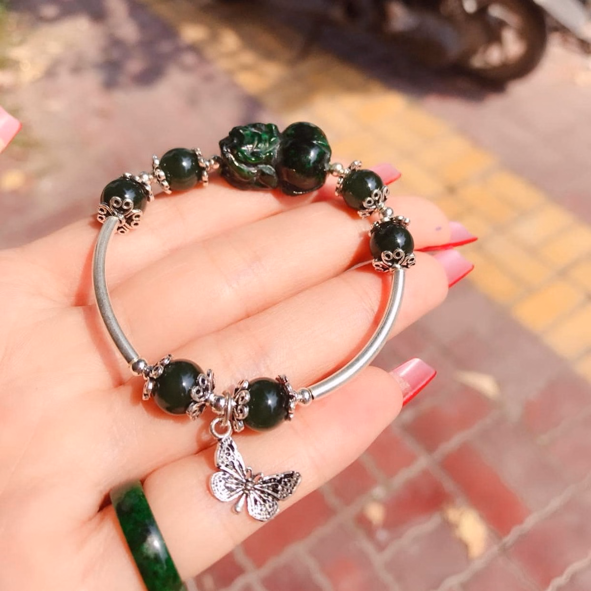 Vòng Tay Charm Tì Hưu Ngọc Cẩm Thạch Sơn Thủy Bạc Ta Thiên Nhiên - Thắng Giang - Ảnh 5