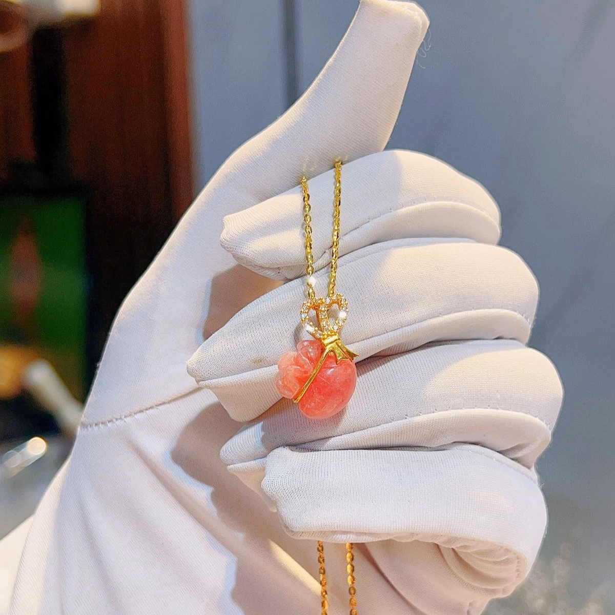 Mặt Dây Chuyền Túi Tiền Đá Đào Hóa Thiên Nhiên Móc Vàng Tây 10 Kara - Thắng Giang - Ảnh 3