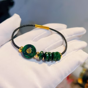 Vòng Tay Xu Ngũ Điếu Ngọc Cẩm Thạch Thiên Nhiên Gắn Xu Kim Tiền Vàng Tây 10 Kara - Thắng Giang