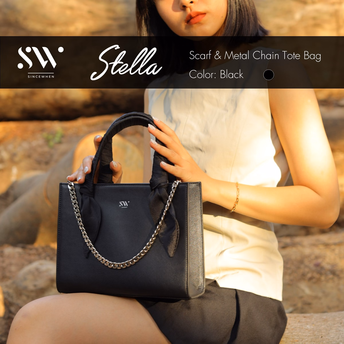 Túi Tote Mini Stella Đính Chuỗi Kim Loại (Scarf Handle And Metal Chain Tote Bag) - Sincewhen - Ảnh 2