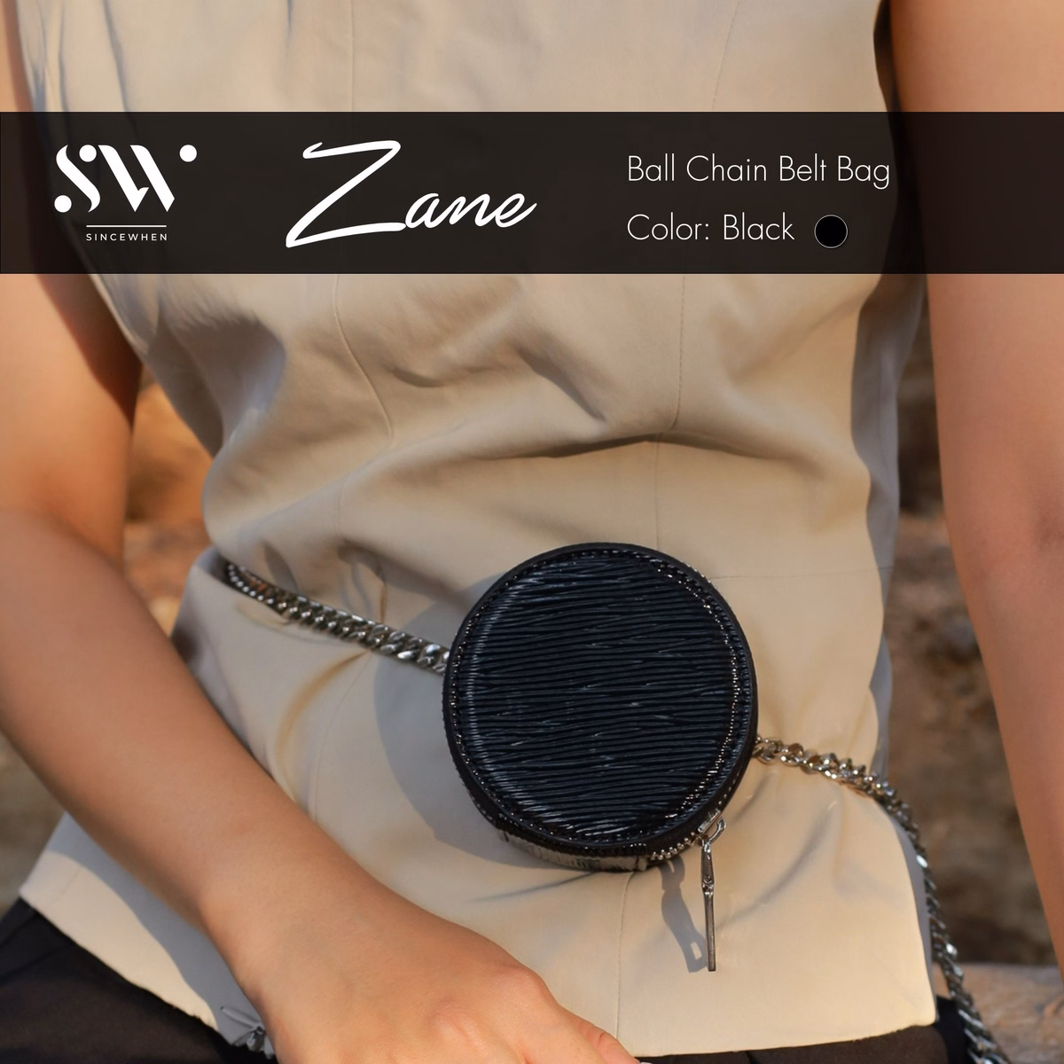 Túi Đeo Thắt Lưng Zane Kim Loại Dáng Tròn - Đen (Ball Chain Belt Bag) - Sincewhen - Ảnh 2