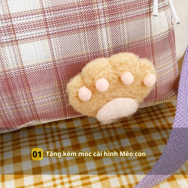 Túi Đeo Chéo, Họa Tiết Caro Happy Day, Vải Canvas, In Hình Mèo Con Xinh Xắn Ch127 - Bh Kids - Ảnh 4