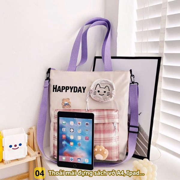 Túi Đeo Chéo, Họa Tiết Caro Happy Day, Vải Canvas, In Hình Mèo Con Xinh Xắn Ch127 - Bh Kids - Ảnh 3