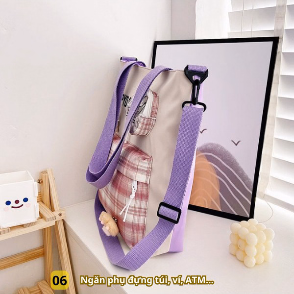 Túi Đeo Chéo, Họa Tiết Caro Happy Day, Vải Canvas, In Hình Mèo Con Xinh Xắn Ch127 - Bh Kids - Ảnh 2