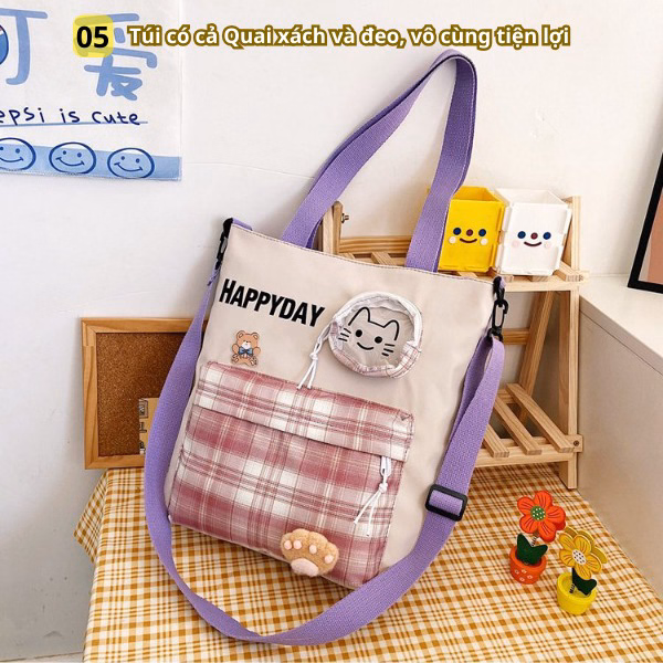 Túi Đeo Chéo, Họa Tiết Caro Happy Day, Vải Canvas, In Hình Mèo Con Xinh Xắn Ch127 - Bh Kids - Ảnh 7