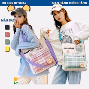Túi Đeo Chéo, Họa Tiết Caro Happy Day, Vải Canvas, In Hình Mèo Con Xinh Xắn Ch127 - Bh Kids