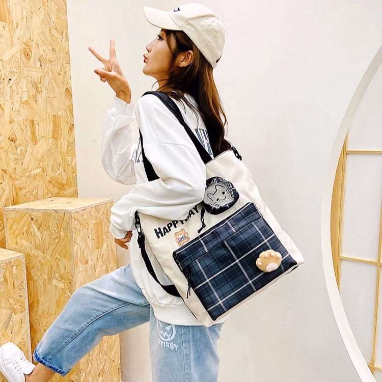 Túi Đeo Chéo, Họa Tiết Caro Happy Day, Vải Canvas, In Hình Mèo Con Xinh Xắn Ch127 - Bh Kids - Ảnh 8