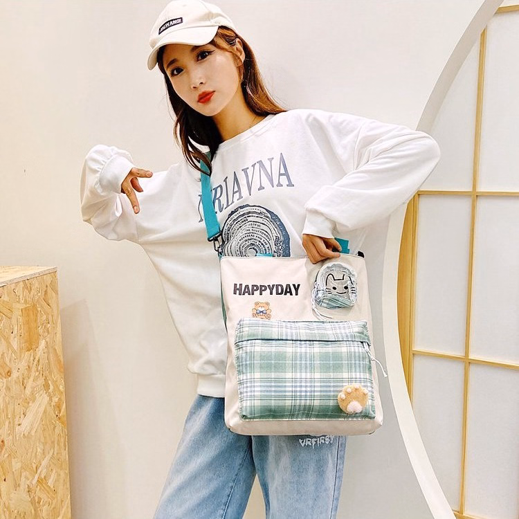 Túi Đeo Chéo, Họa Tiết Caro Happy Day, Vải Canvas, In Hình Mèo Con Xinh Xắn Ch127 - Bh Kids - Ảnh 9