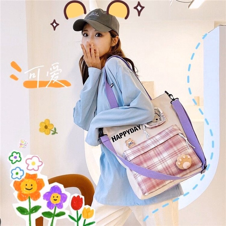 Túi Đeo Chéo, Họa Tiết Caro Happy Day, Vải Canvas, In Hình Mèo Con Xinh Xắn Ch127 - Bh Kids - Ảnh 10