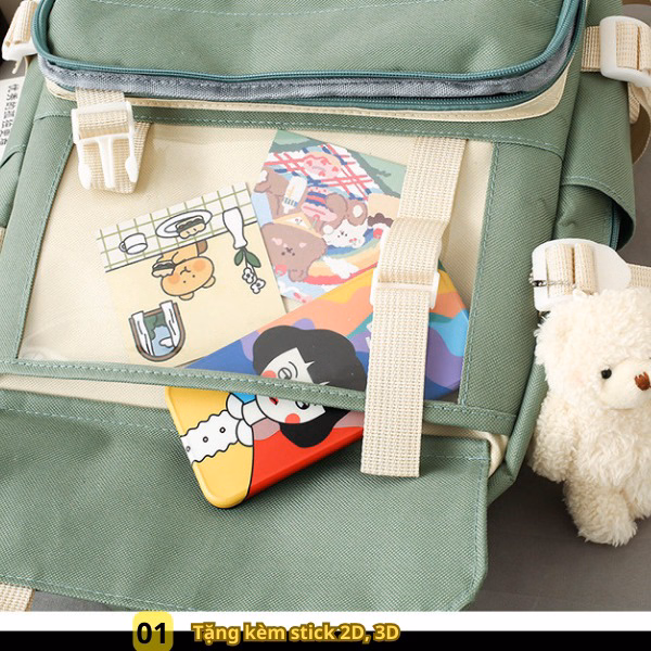 Combo 4 Món (Tặng Kèm Stick 2D Và Mica) Balo Nữ, Phiên Bản Hàn Quốc, Vải Canvas, Chống Nước, Chống Sốc - Ch122 - Bh Kids - Ảnh 3