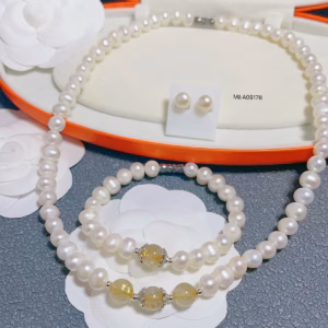 Bộ Ngọc Trai Nuôi Nước Ngọt Thiên Nhiên Đá Thạch Anh Tóc Vàng - Thắng Giang